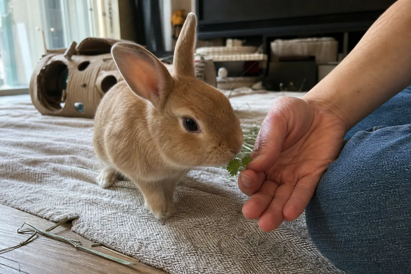 A house rabbit turns toward a person’s hand to receive a tiny coriander-leaf reward during gentle training.